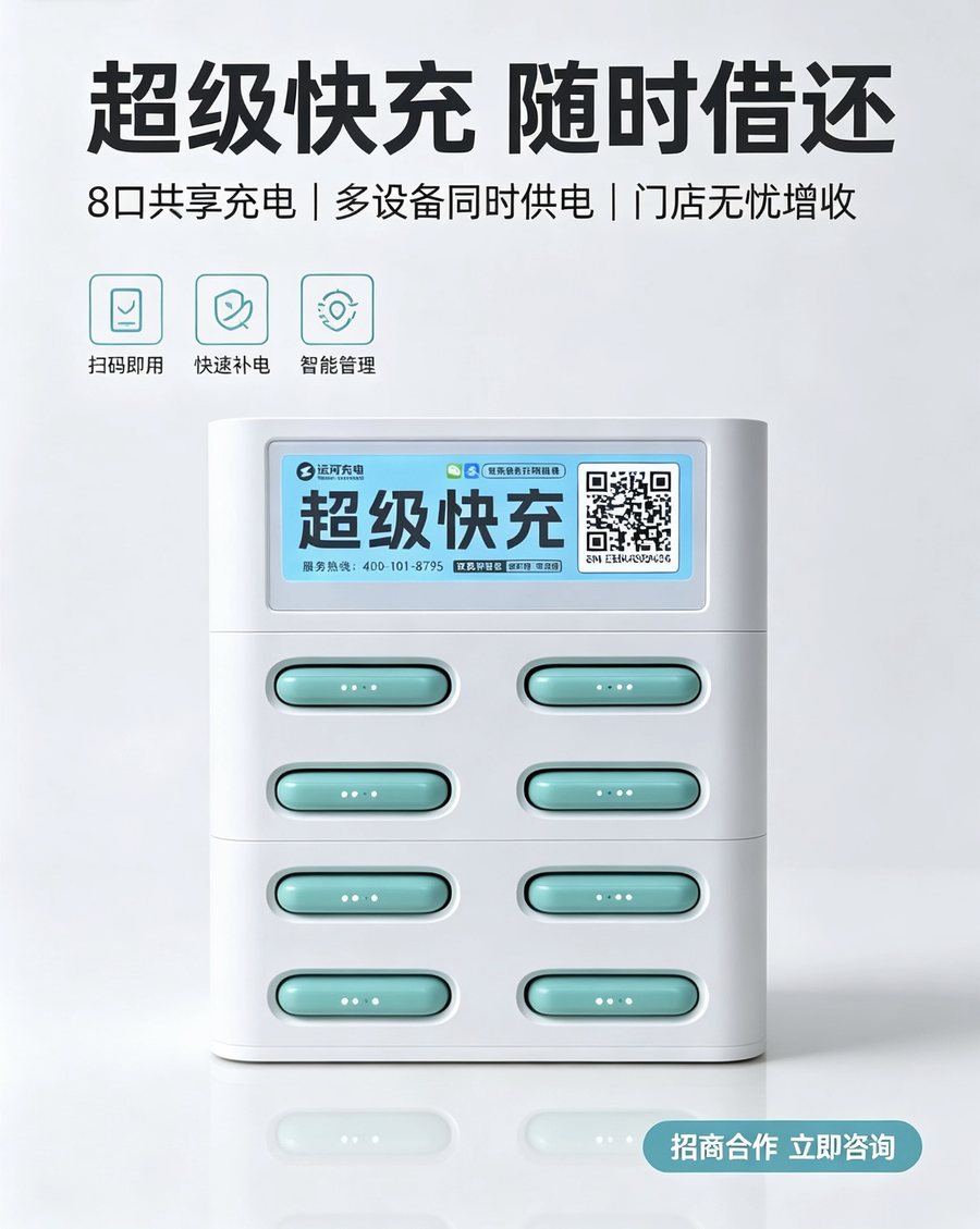 带服务热线和二维码的八口共享充电机柜海报