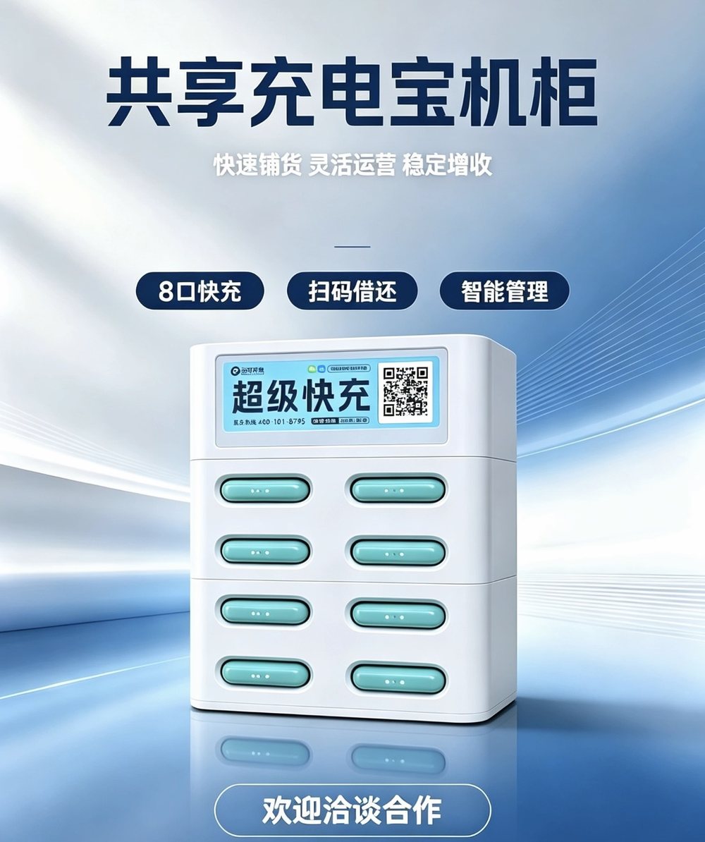 8 口共享充电宝机柜，支持扫码借还与快充