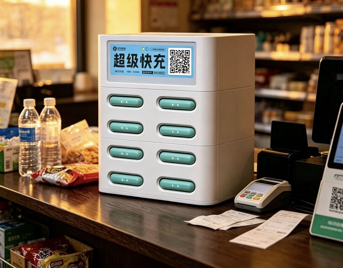 共享充电宝台式机柜摆放在便利店收银台旁